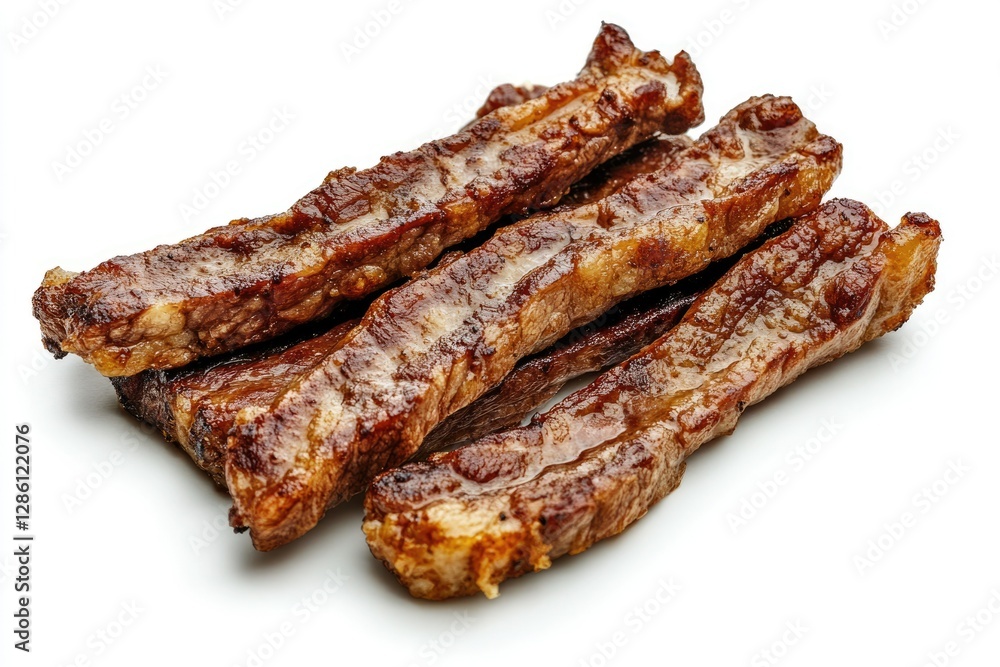 Sizzling Fried Beef Strips: Closeup of Tender Filet Isolated on White Background Sizzling Fried Beef Strips: Closeup of Tender Filet Isolated on White Background