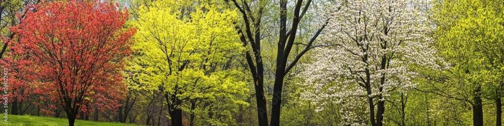 Springtime Tapestry: Vibrant Dogwood Trees and Fresh Green Foliage in a Panoramic Nature Landscape Springtime Tapestry: Vibrant Dogwood Trees and Fresh Green Foliage in a Panoramic Nature Landscape