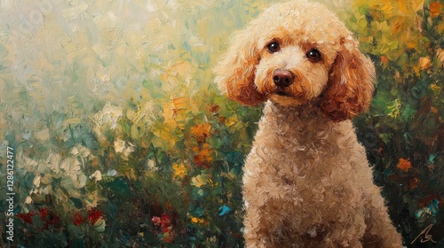 Adorable Toy Poodle Dog in Garden  Oil Painting Art