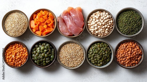 Healthy food, various grains, legumes, and meat, arranged in small bowls on a light surface photo