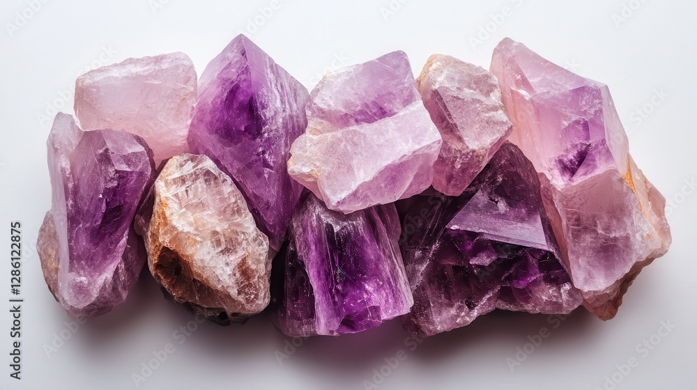 This artistic arrangement of amethyst crystals features various cuts and shapes, glistening under the light and showcasing a spectrum of captivating purple hues. This artistic arrangement of amethyst crystals features various cuts and shapes, glistening under the light and showcasing a spectrum of captivating purple hues.
