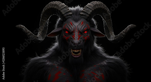 Fearsome Devil Goat Monster with Red Eyes on Dark Background