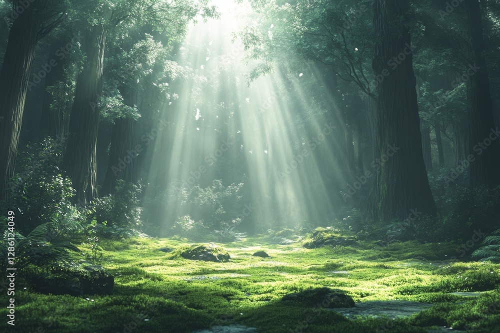 Obraz premium Sun rays filtering through a dense forest creating a mystical atmosphere