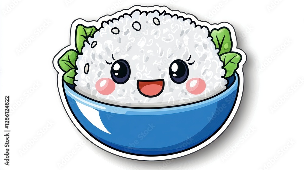 Cute Cartoon Rice Character in a Bowl with Fresh Greens Cute Cartoon Rice Character in a Bowl with Fresh Greens