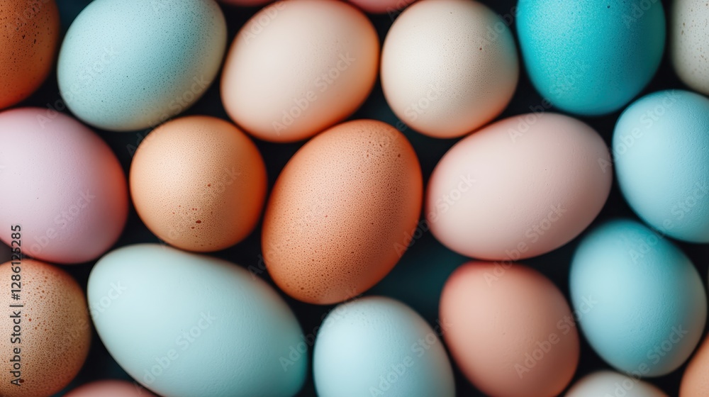 A vibrant collection of eggs in different pastel colors, showcasing a variety of shapes and textures, perfect for celebrating spring and Easter traditions joyfully. A vibrant collection of eggs in different pastel colors, showcasing a variety of shapes and textures, perfect for celebrating spring and Easter traditions joyfully.