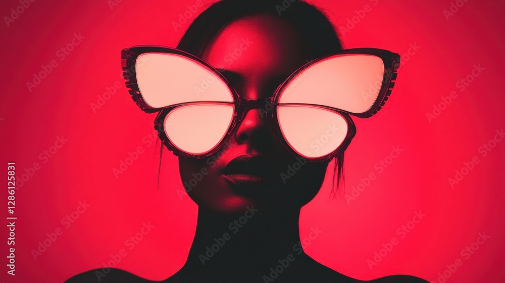 Butterfly sunglasses silhouette in neon red glow Butterfly sunglasses silhouette in neon red glow