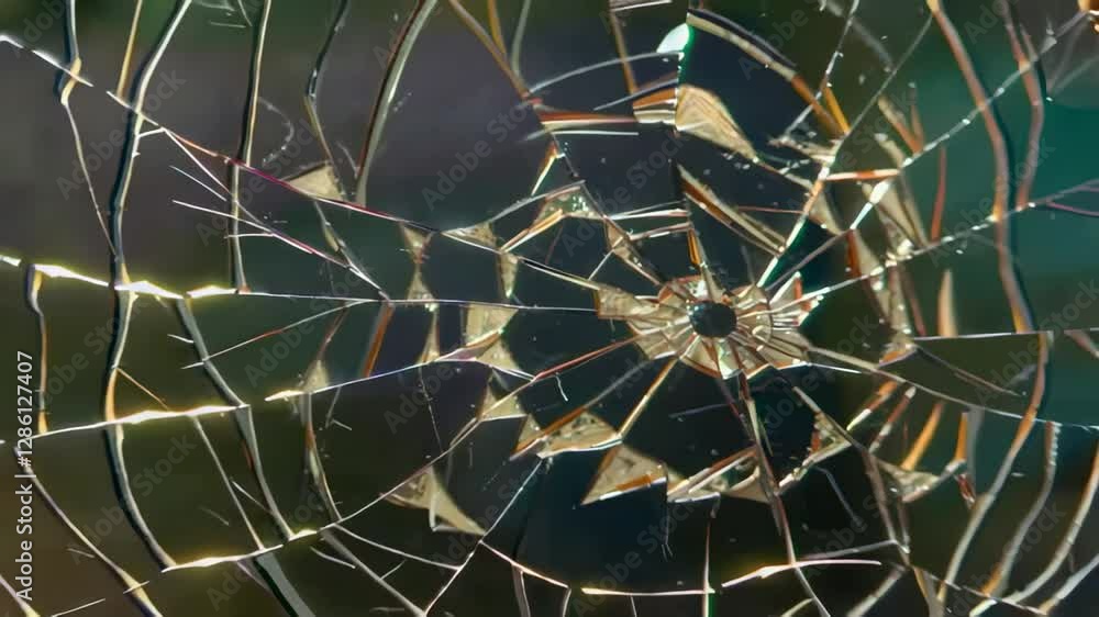 Intricate Patterns of Broken Glass Revealing a Shimmering Green Background Intricate Patterns of Broken Glass Revealing a Shimmering Green Background