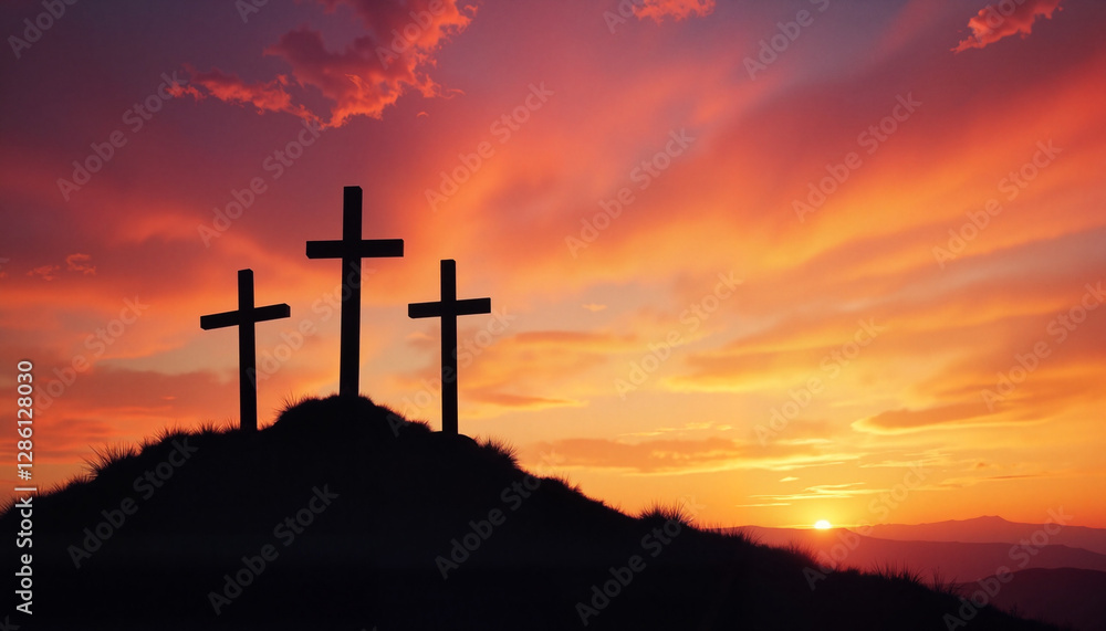 Three crosses silhouetted against a vibrant sunset Three crosses silhouetted against a vibrant sunset
