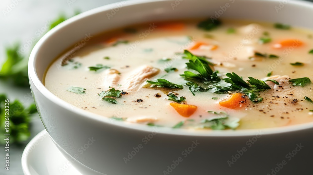 A delicious bowl of chicken soup featuring tender pieces of chicken, vibrant carrots, and fresh herbs, perfect for comforting and nourishing any meal. A delicious bowl of chicken soup featuring tender pieces of chicken, vibrant carrots, and fresh herbs, perfect for comforting and nourishing any meal.