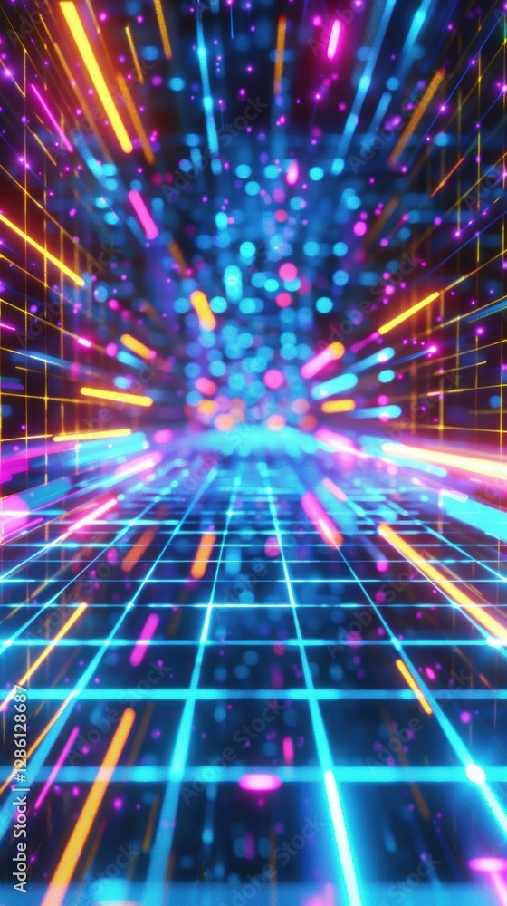 Fototapeta premium Futuristic neon grid and bokeh lights in a vibrant cyberpunk tunnel
