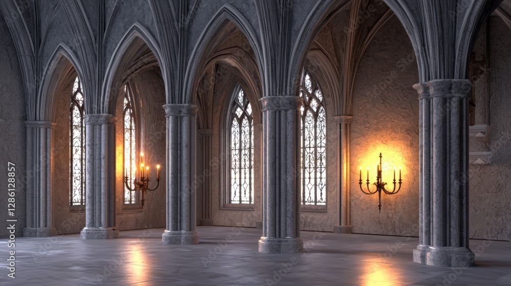 Obraz premium Gothic Interior with Elegant Lighting and Arched Windows