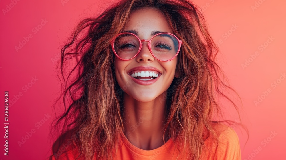 A vibrant young woman with curly hair and stylish pink sunglasses beams with happiness, showcasing confidence against a warm orange backdrop that exudes positivity. A vibrant young woman with curly hair and stylish pink sunglasses beams with happiness, showcasing confidence against a warm orange backdrop that exudes positivity.