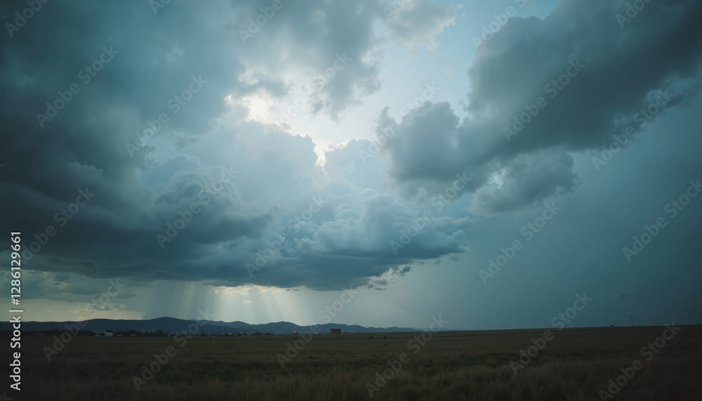 Dramatic clouds with rays of light over a vast landscape Dramatic clouds with rays of light over a vast landscape