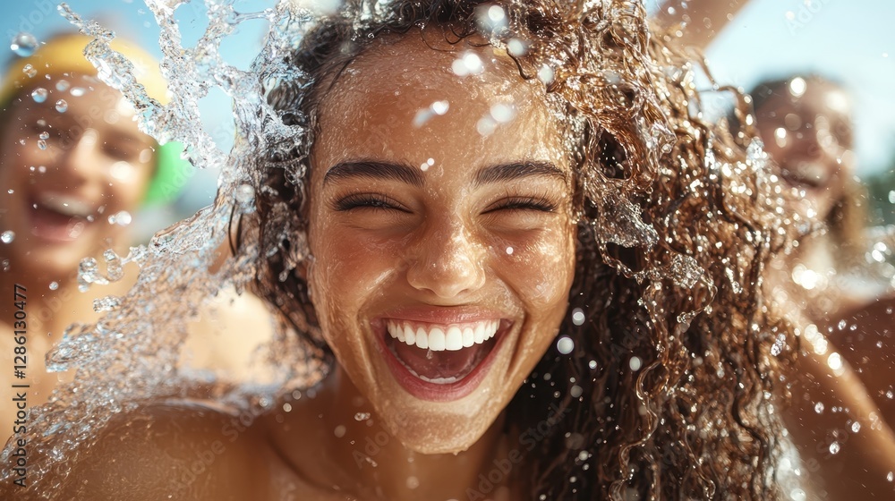 Fototapeta premium A joyful woman enjoying a splash of water with friends in a sunny pool, capturing the essence of summer fun and carefree happiness in a vibrant atmosphere.