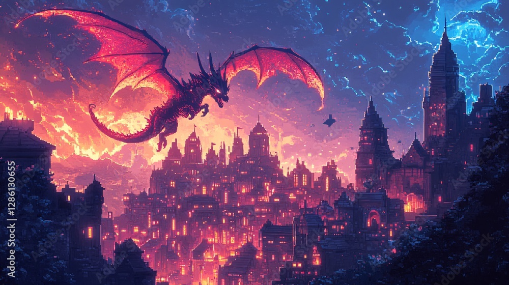 A pixel dragon flying over neon castles with glowing treasures A pixel dragon flying over neon castles with glowing treasures