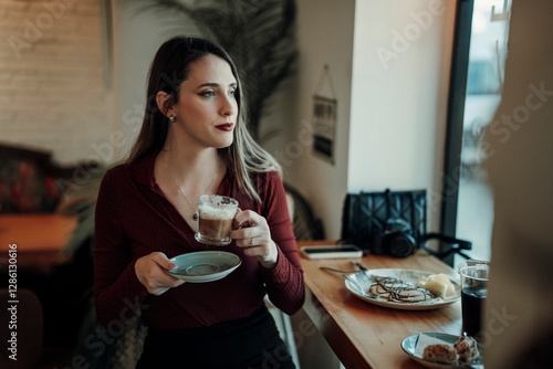 Wallpaper Mural Chica joven con pelo largo tomando café y tortitas en cafetería estilo cozy Torontodigital.ca