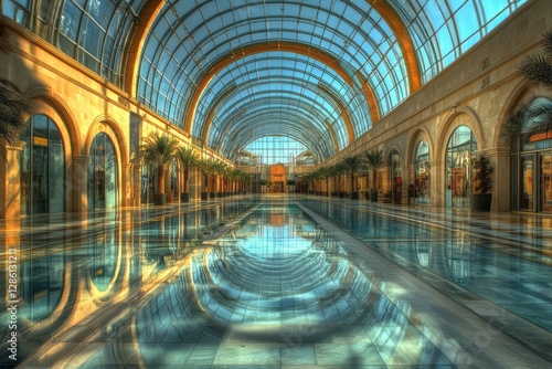 Grand architectural shopping mall with arched glass ceiling and reflections