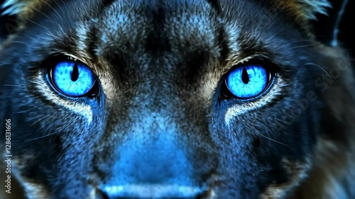 Striking close-up of a black panther with intense blue eyes in a dark forest setting during twilight hours