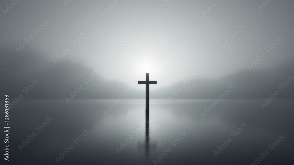 Naklejka premium A solemn cross stands tall against a cloudy sky at sea.