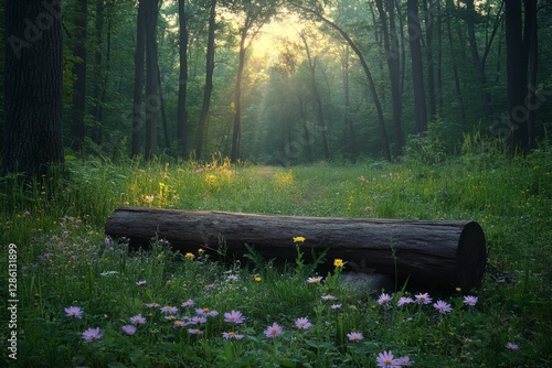 Tranquil forest scene with sunlight filtering through trees photo