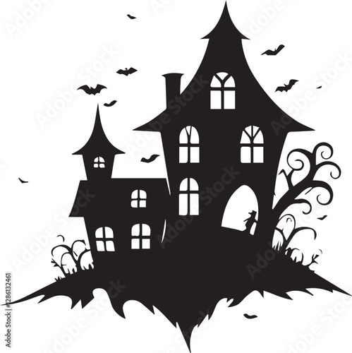 A black and white hunted halloween house silhouette design - scary house icon design