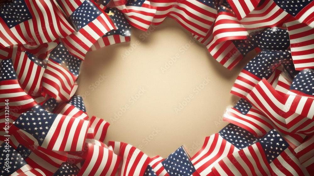 Obraz premium Centered empty circle surrounded by miniature American flags and soft shadows for a Labor Day design.