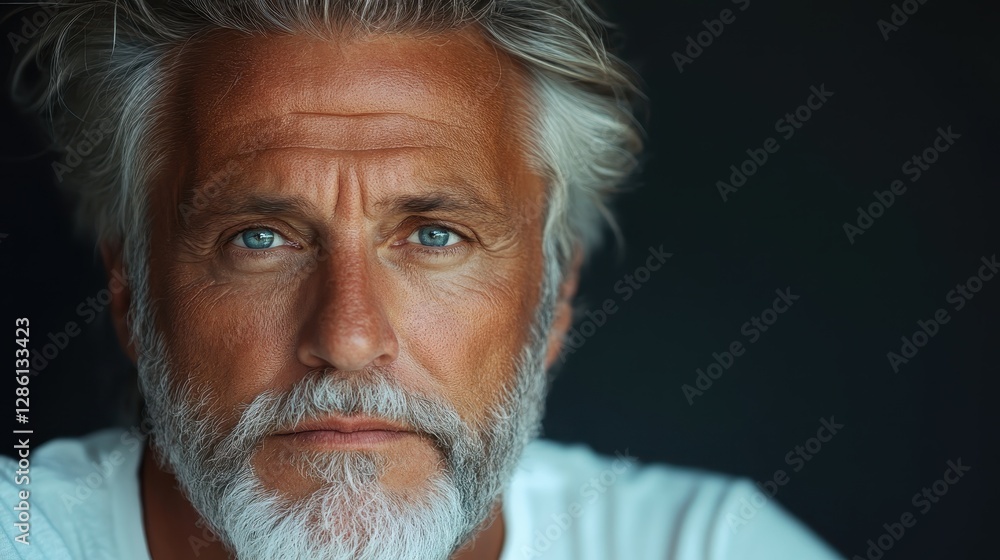 A striking close-up of a mature man with captivating blue eyes, enhanced by soft lighting, creating an artistic portrayal that emphasizes his thoughtful and intense gaze. A striking close-up of a mature man with captivating blue eyes, enhanced by soft lighting, creating an artistic portrayal that emphasizes his thoughtful and intense gaze.