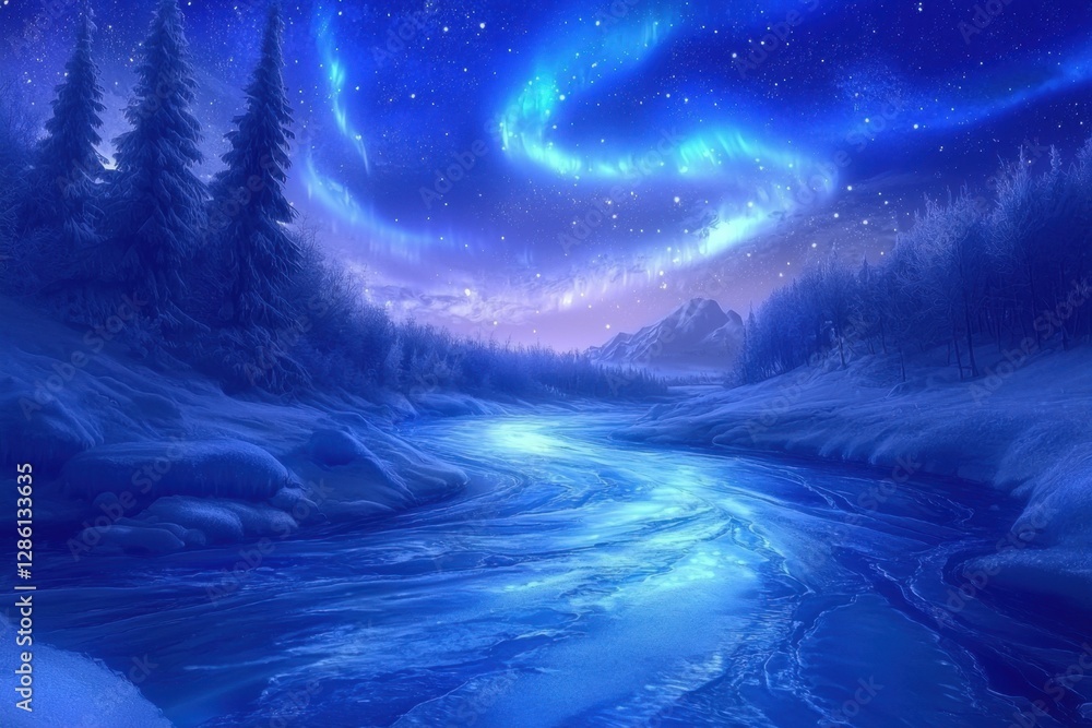 Fototapeta premium Frozen river glowing under the aurora borealis in a dreamlike winter scene