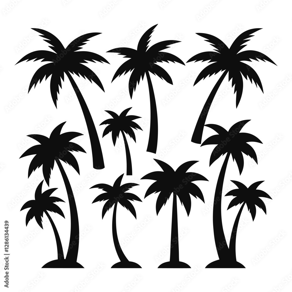 Fototapeta premium Palm Tree Silhouettes Set - Black and White Minimalist Palm Icons.