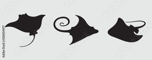 Set of three stingray silhouettes in different shapes and poses, featuring elegant and fluid designs. Perfect for marine-themed designs, logos, or artistic illustrations