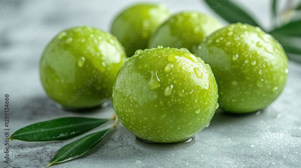 Fresh green olives with water droplets on a light gray surface with olive leaves Fresh green olives with water droplets on a light gray surface with olive leaves