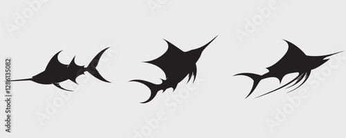 Three stylized swordfish silhouettes with sharp, dynamic shapes, emphasizing speed and agility. Ideal for marine-themed designs, logos, and artistic ocean-inspired illustrations