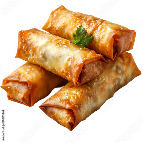 Four crispy golden egg rolls, garnished with parsley. photo