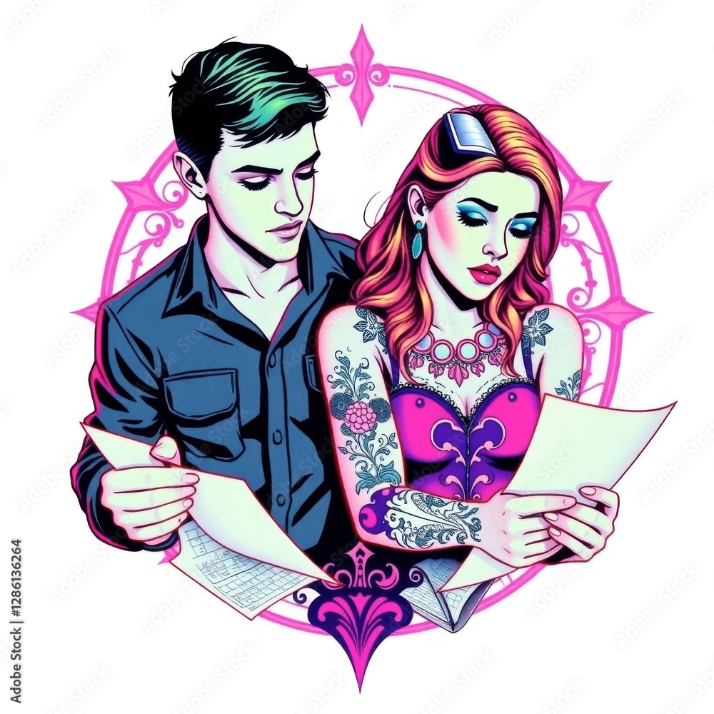 Studying Paperwork Together Couple in Modern Pop Art Style Studying Paperwork Together Couple in Modern Pop Art Style