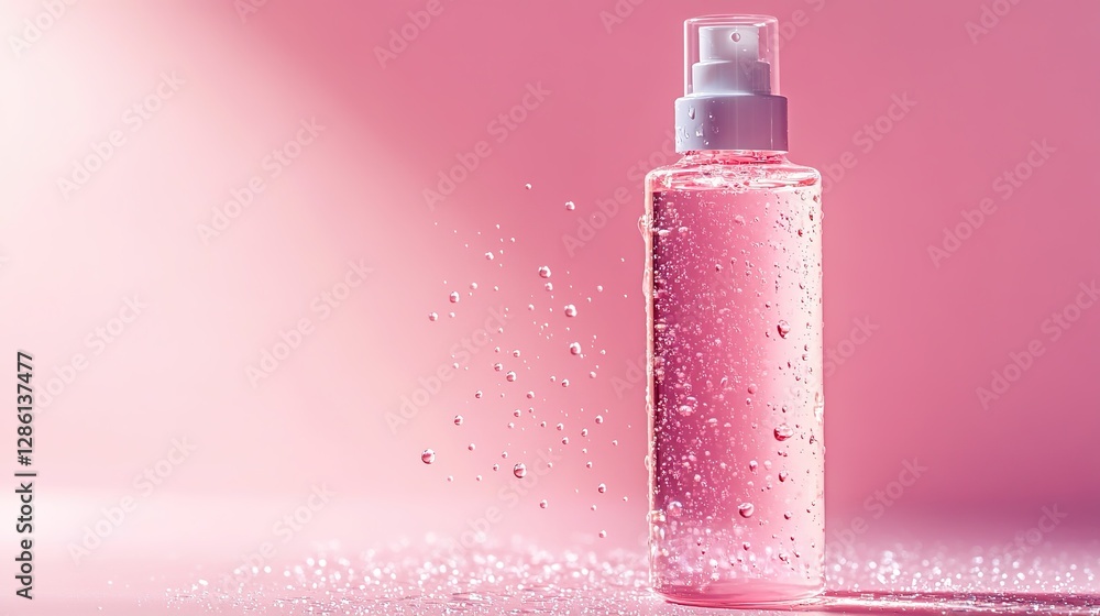 Glowing skincare bottle with water droplets, symbolizing purity and rejuvenation in spa-inspired self-care. Glowing skincare bottle with water droplets, symbolizing purity and rejuvenation in spa-inspired self-care.