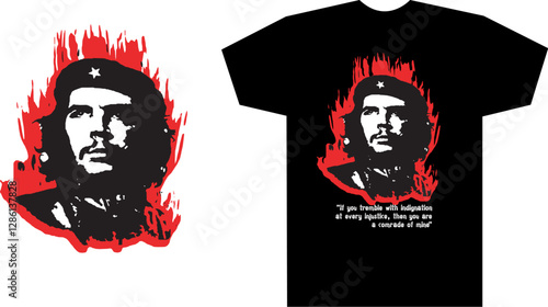 T-shirt design featuring a bold, artistic rendering of Che Guevara