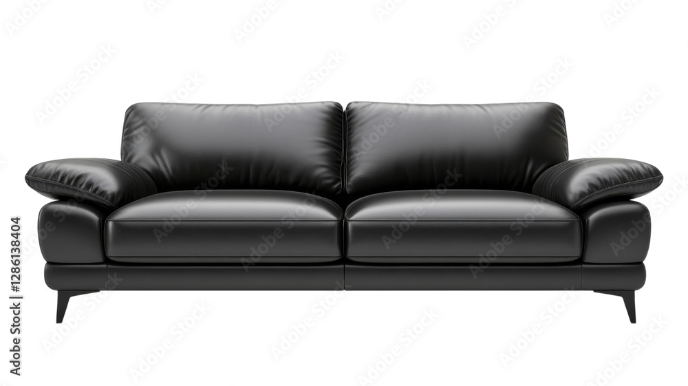 Black leather sofa with modern design displayed on a white background, showcasing comfort and elegance for home living spaces Black leather sofa with modern design displayed on a white background, showcasing comfort and elegance for home living spaces