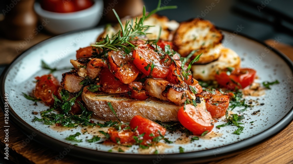 An appetizing mix of chopped tomatoes and herbs garnished atop freshly toasted bread, ideal for sharing at casual gatherings, representing comfort through shared meals and flavors. An appetizing mix of chopped tomatoes and herbs garnished atop freshly toasted bread, ideal for sharing at casual gatherings, representing comfort through shared meals and flavors.