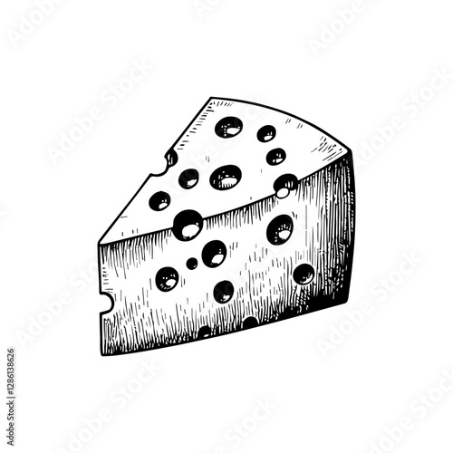 Classic Swiss Cheese Illustration, Black and White Line Art Drawing