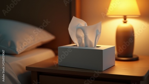 Wallpaper Mural Tissue Box, A tissue box on a wooden nightstand lit by warm home lighting captured in 8K UHD. Torontodigital.ca