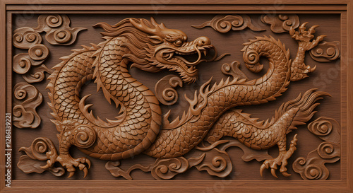 Carved Wooden Dragon Artwork with Clouds and Ornate Detailing