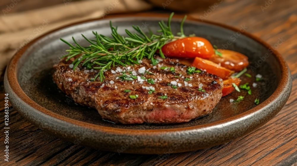 Grilled Steak with Rosemary and Roasted Tomatoes on Dark Plate Grilled Steak with Rosemary and Roasted Tomatoes on Dark Plate
