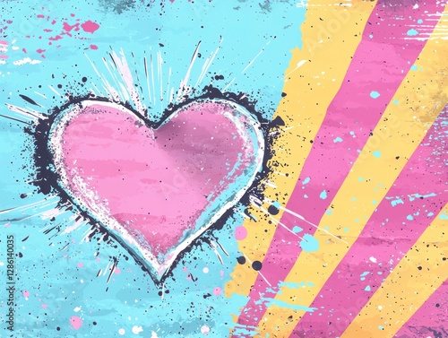 Vibrant Comic-Inspired Art with Heart Motif and Bold Zigzag Lines in Bright Colors