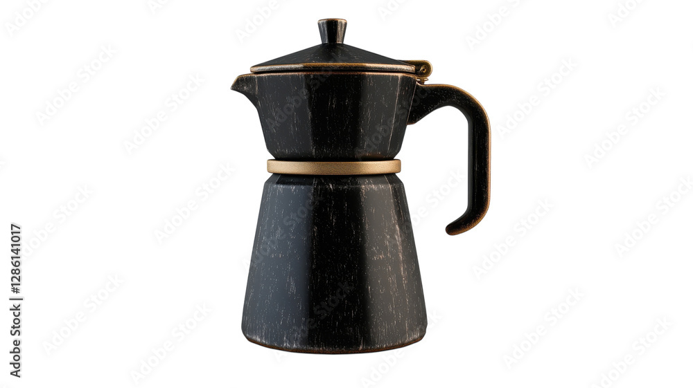 Elegant stovetop coffee maker on display with sleek design and fine craftsmanship in a minimalist setting