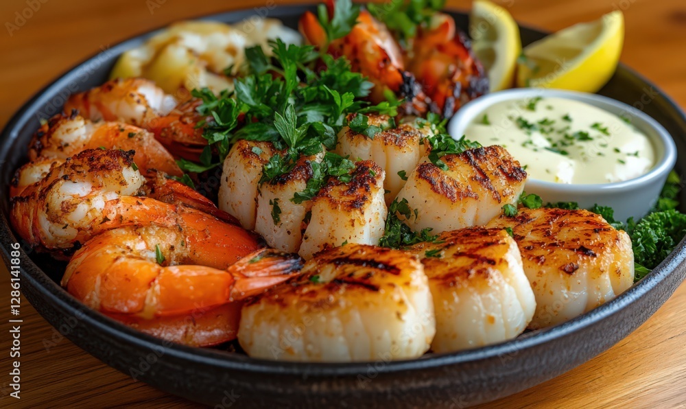 Grilled Shrimp and Scallops Seafood Platter with Lemon and Creamy Sauce Grilled Shrimp and Scallops Seafood Platter with Lemon and Creamy Sauce