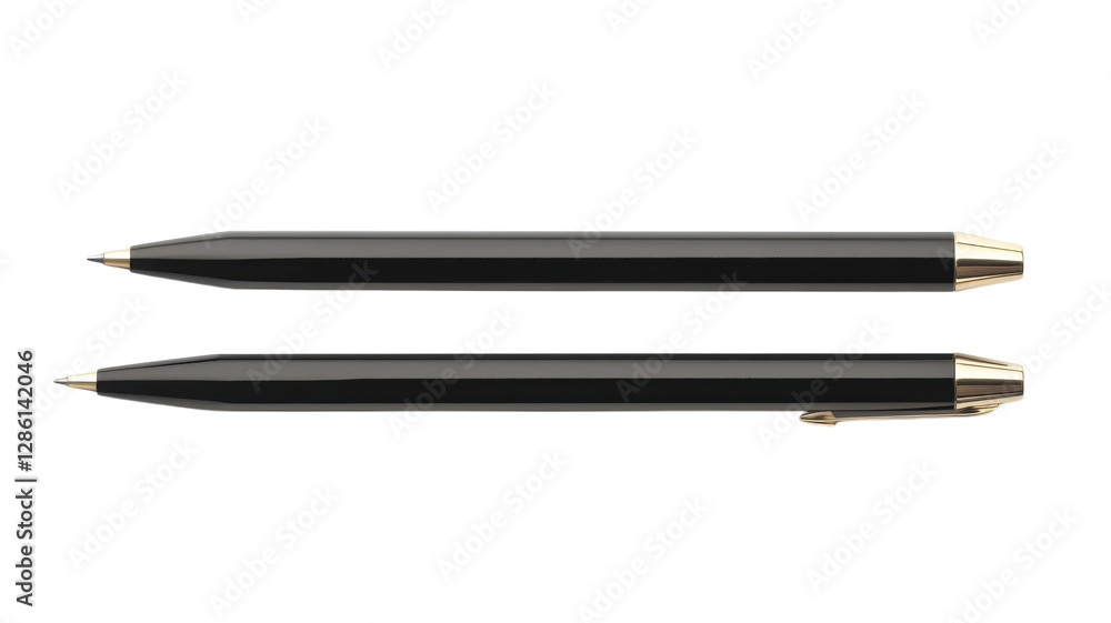 High-quality black pens with gold accents positioned parallel on a plain background for office and writing purposes High-quality black pens with gold accents positioned parallel on a plain background for office and writing purposes