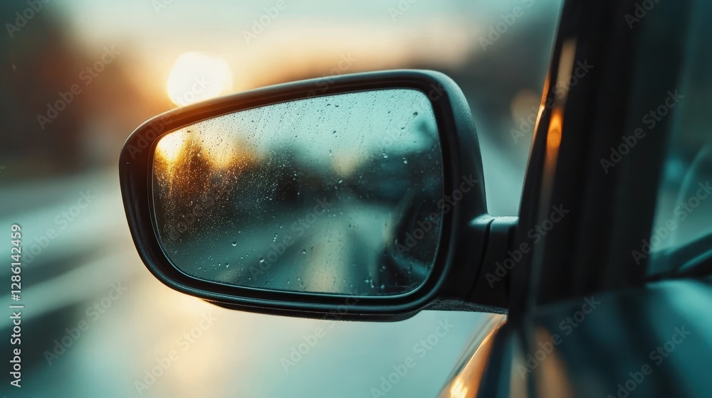 This enchanting image depicts droplets of water on a car's side mirror, capturing the dawn's light and symbolizing renewal, freshness, and new beginnings in daily life. This enchanting image depicts droplets of water on a car's side mirror, capturing the dawn's light and symbolizing renewal, freshness, and new beginnings in daily life.