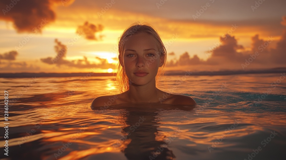 Serene Portrait of a Young Woman in Ocean at Sunset, Relaxation and Peace Serene Portrait of a Young Woman in Ocean at Sunset, Relaxation and Peace