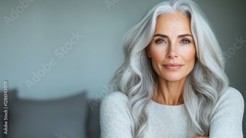 A confident woman with luxurious gray hair poses thoughtfully in a cozy knit sweater, exuding warmth and sophistication against a tranquil background. photo