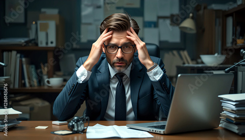 A businessman holds his head in frustration at his office desk, overwhelmed by stress and financial pressure, facing the challenges of deadlines and a potential financial crisis.